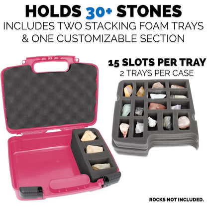 Rock Collection Travel Case - 30 Slot Rock Collection Box with Two Pre-Cut Foam Trays, Protective Crystal Storage Travel Case with Customizable Foam Section!