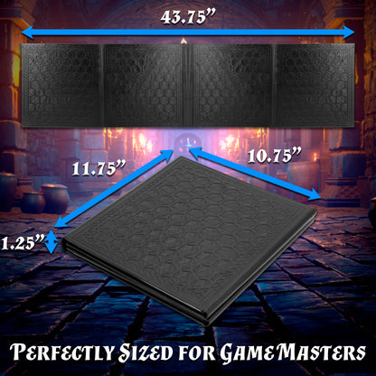 Faux Leather 4-Panel DM Screen – Embossed Folding GM Screen with Wet-Erase Pockets for Tabletop RPGs – Black or Brown (Inserts Not Included)