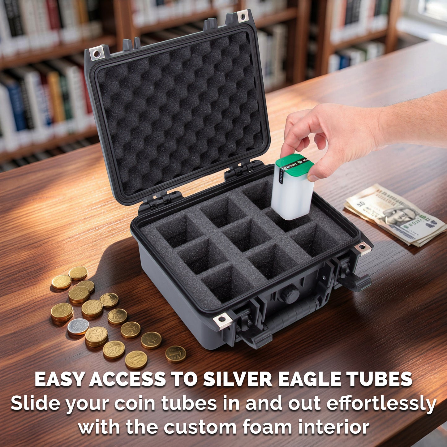 American Silver Eagle Coin Tube Storage Case – Waterproof IPX7 Airtight Coin Tube Holder for 9 Coin Rolls, Hard Shell Coin Collection Case