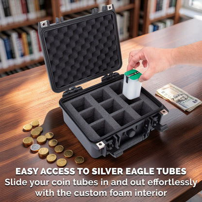 American Silver Eagle Coin Tube Storage Case – Waterproof IPX7 Airtight Coin Tube Holder for 9 Coin Rolls, Hard Shell Coin Collection Case