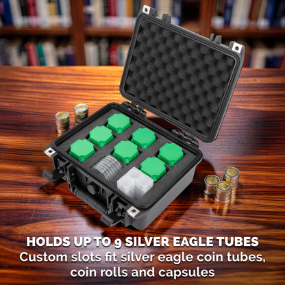 American Silver Eagle Coin Tube Storage Case – Waterproof IPX7 Airtight Coin Tube Holder for 9 Coin Rolls, Hard Shell Coin Collection Case