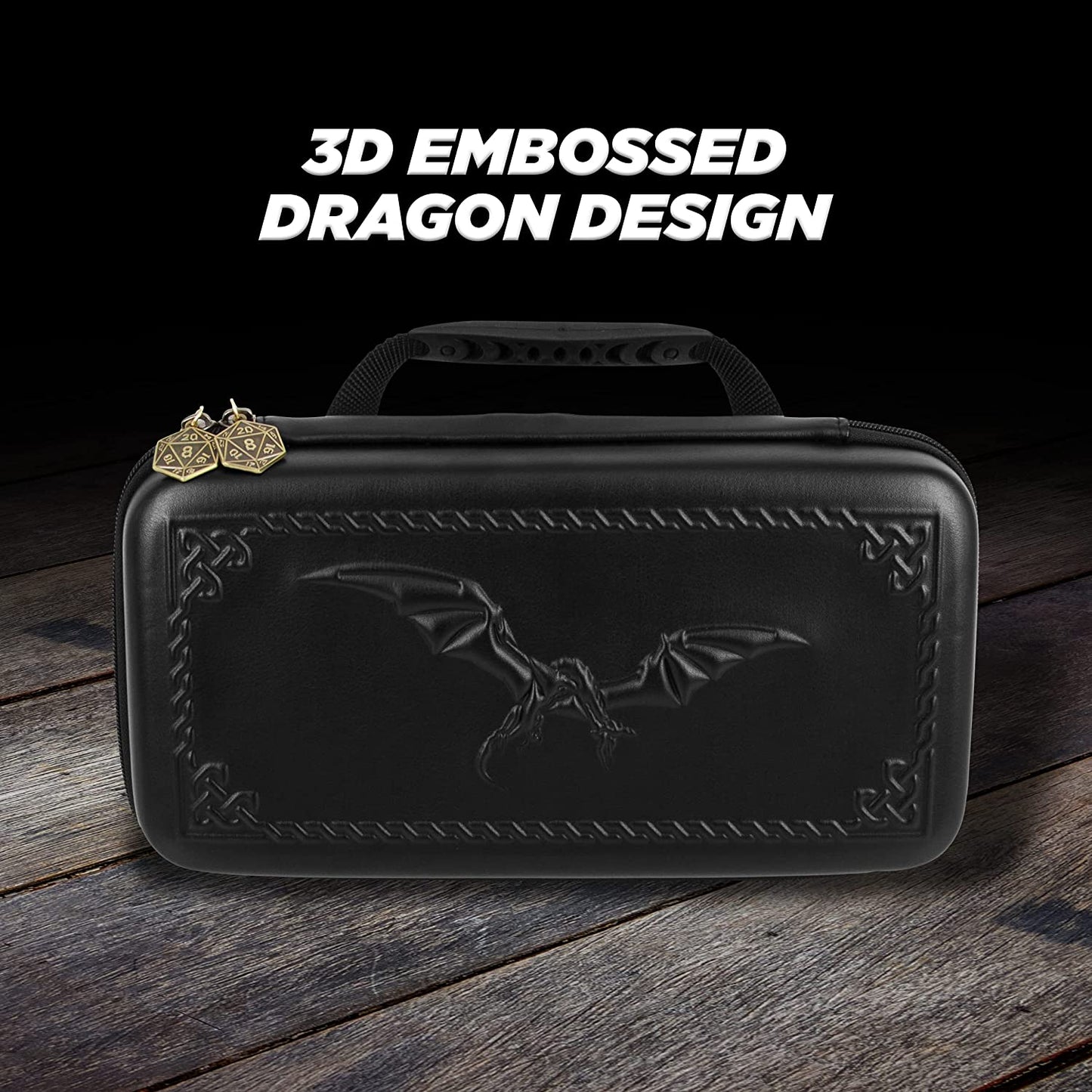 Dice Box and Card Case for 9 Sets of RPG Dice, Spell Cards, Counters and Other Accessories - Dice Holder with Embossed Dragon Design