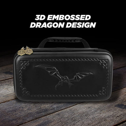Dice Box and Card Case for 9 Sets of RPG Dice, Spell Cards, Counters and Other Accessories - Dice Holder with Embossed Dragon Design