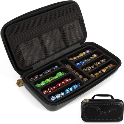 Dice Box and Card Case for 9 Sets of RPG Dice, Spell Cards, Counters and Other Accessories - Dice Holder with Embossed Dragon Design