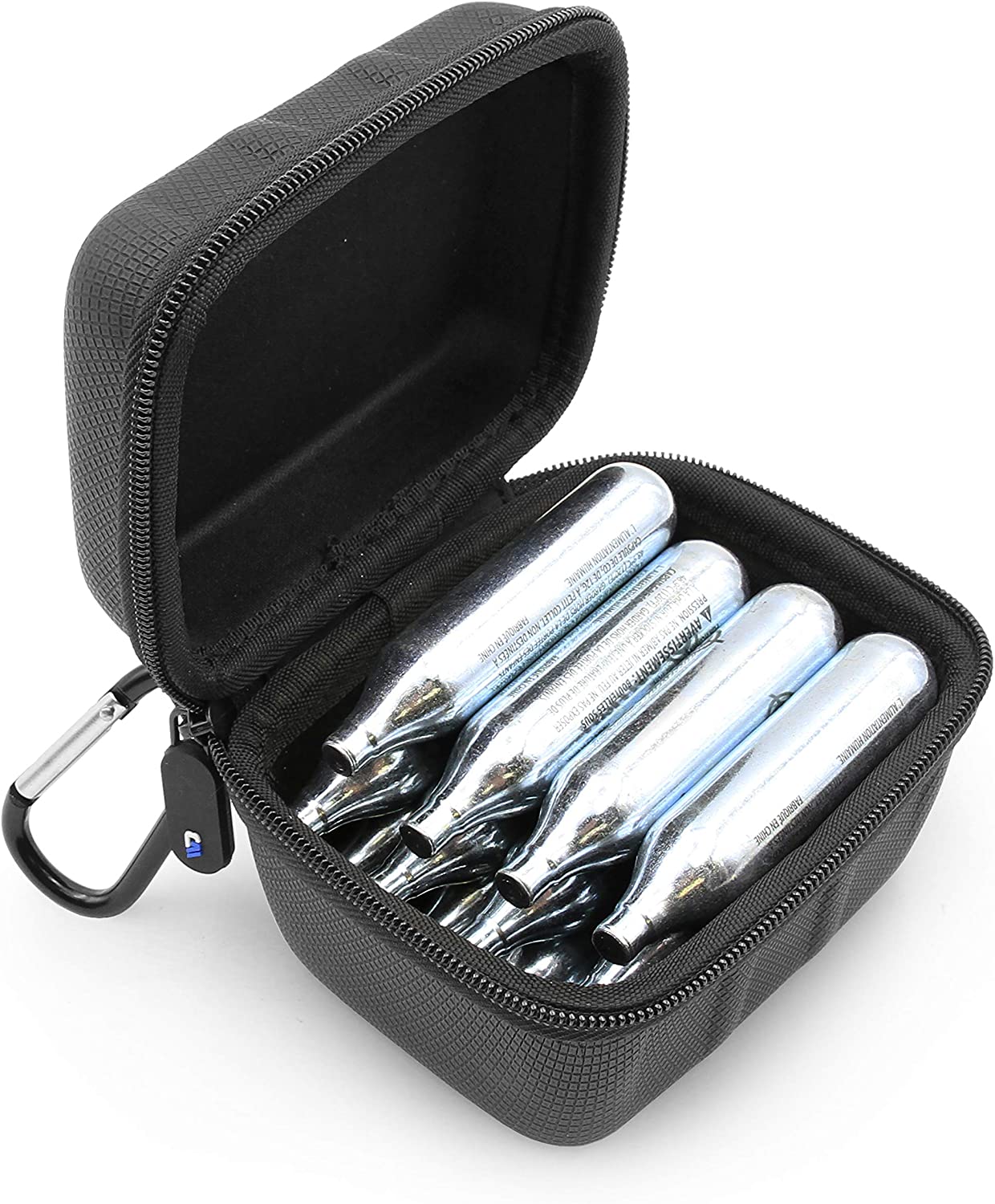 CO2 Cartridge Case Compatible with 16x 12g/8g/16g Cartridges - Hard Shell EVA Protection with Metal Carabiner - for BB Gun and Airsoft Pistols