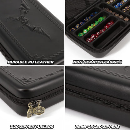 Dice Box and Card Case for 9 Sets of RPG Dice, Spell Cards, Counters and Other Accessories - Dice Holder with Embossed Dragon Design