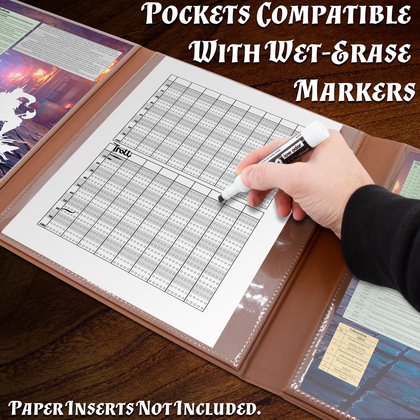 Faux Leather 4-Panel DM Screen – Embossed Folding GM Screen with Wet-Erase Pockets for Tabletop RPGs – Black or Brown (Inserts Not Included)